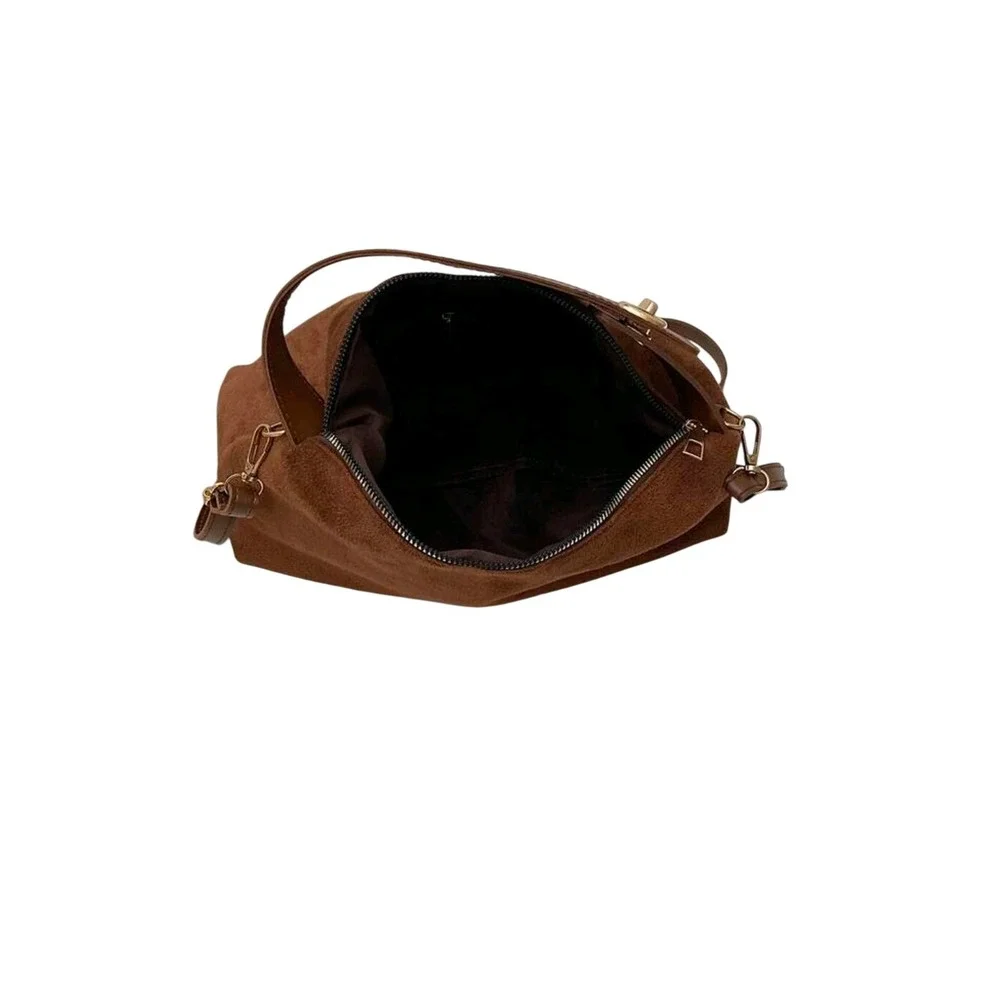 Brown Faux Suede Hobo Crossbody Bag Gold Hardware Slouchy Shoulder Handbag‎